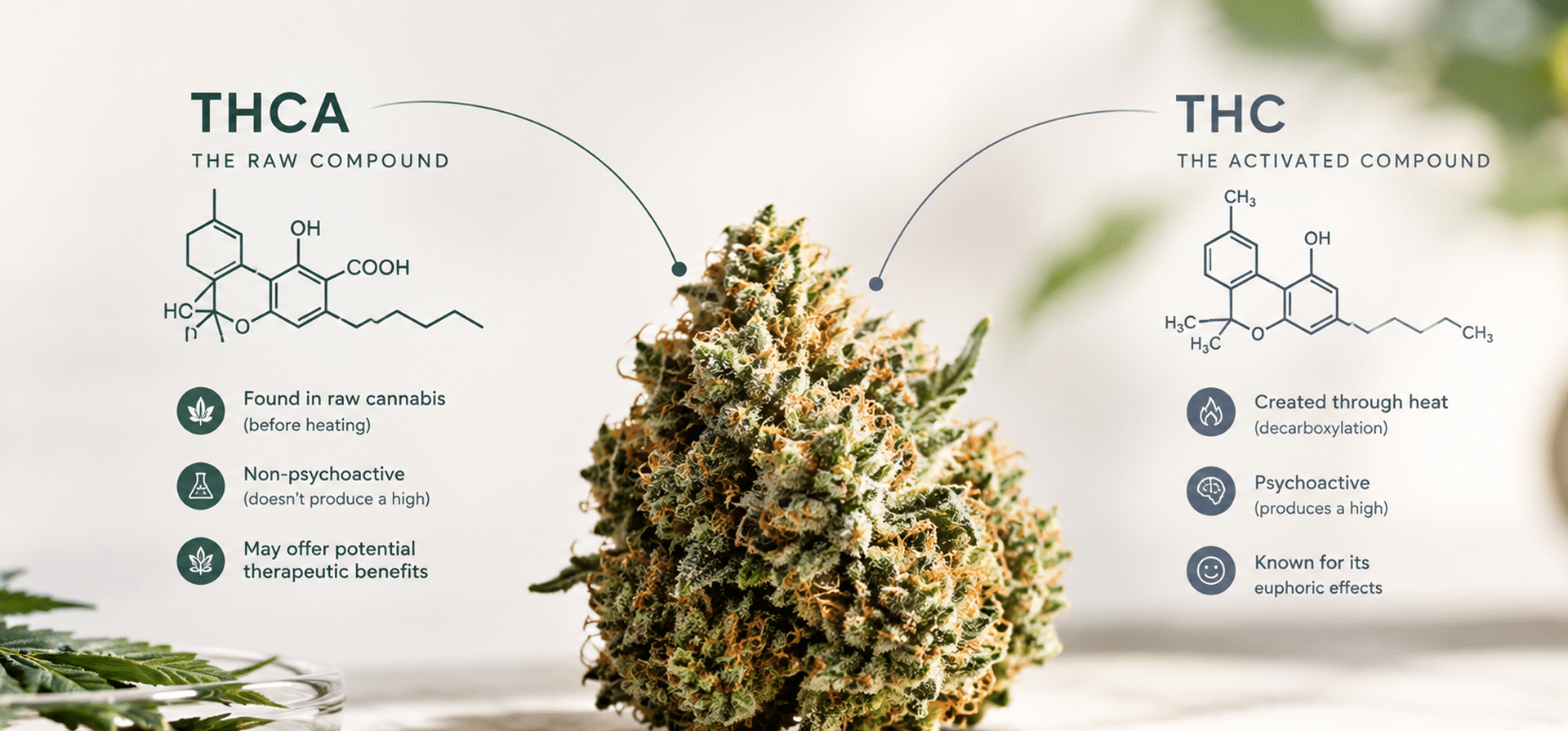 THCA vs THC infographic showing raw THCA in cannabis before heating and THC formed through decarboxylation, with chemical structures and key differences - ScarletFire Cannabis Co.