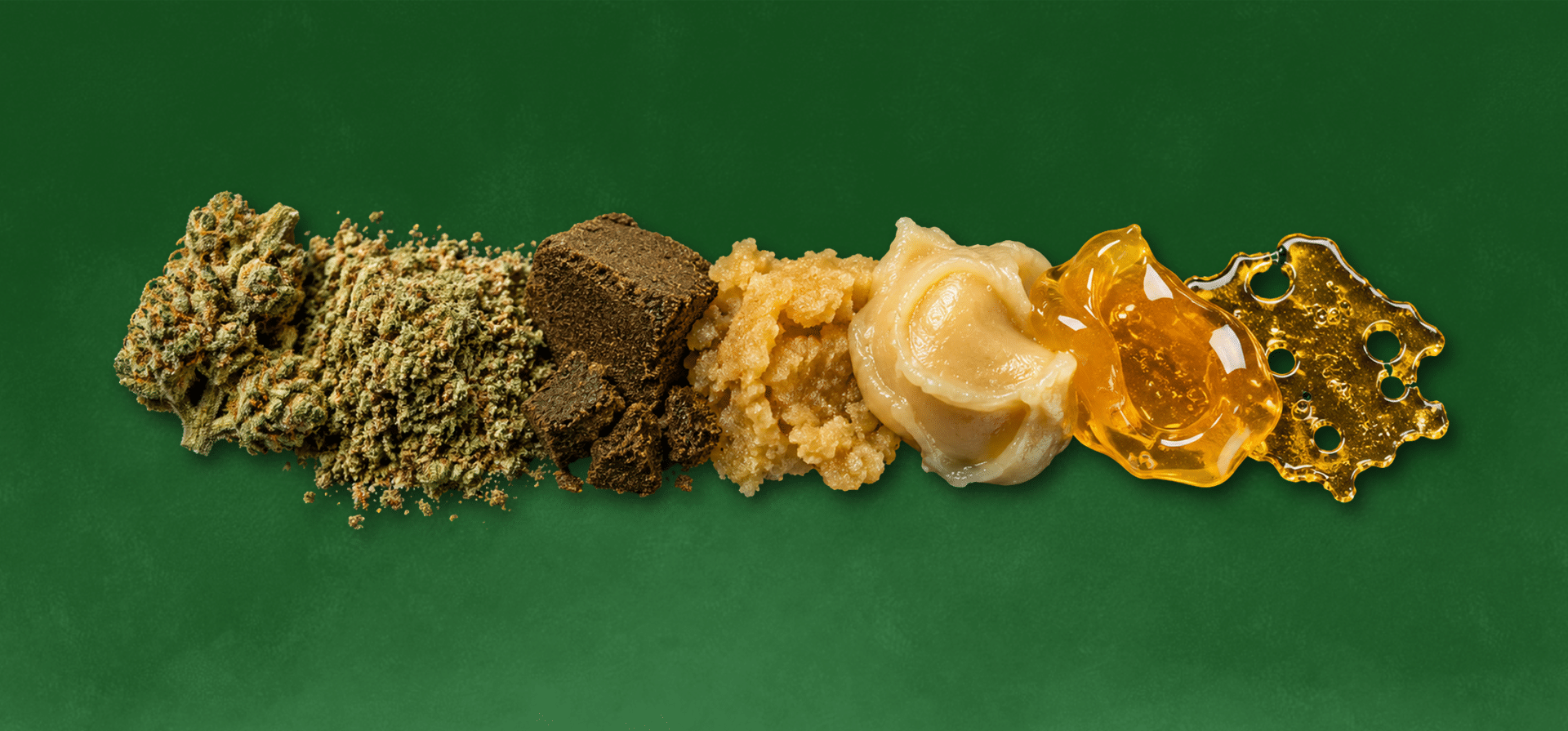 Cannabis flower and various concentrates, including dark resin, crumbly extracts, creamy concentrate, and golden translucent extracts, arranged on a green background.