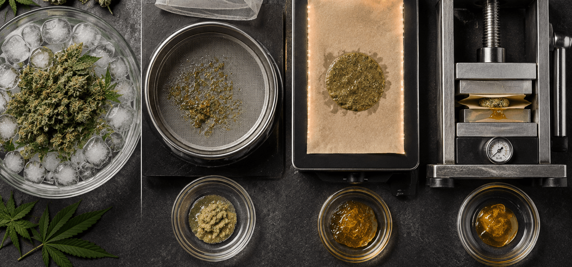Overhead view of solventless cannabis extraction using ice, a mesh screen, heat, parchment paper, and a hydraulic press, with cannabis concentrates shown in glass dishes.