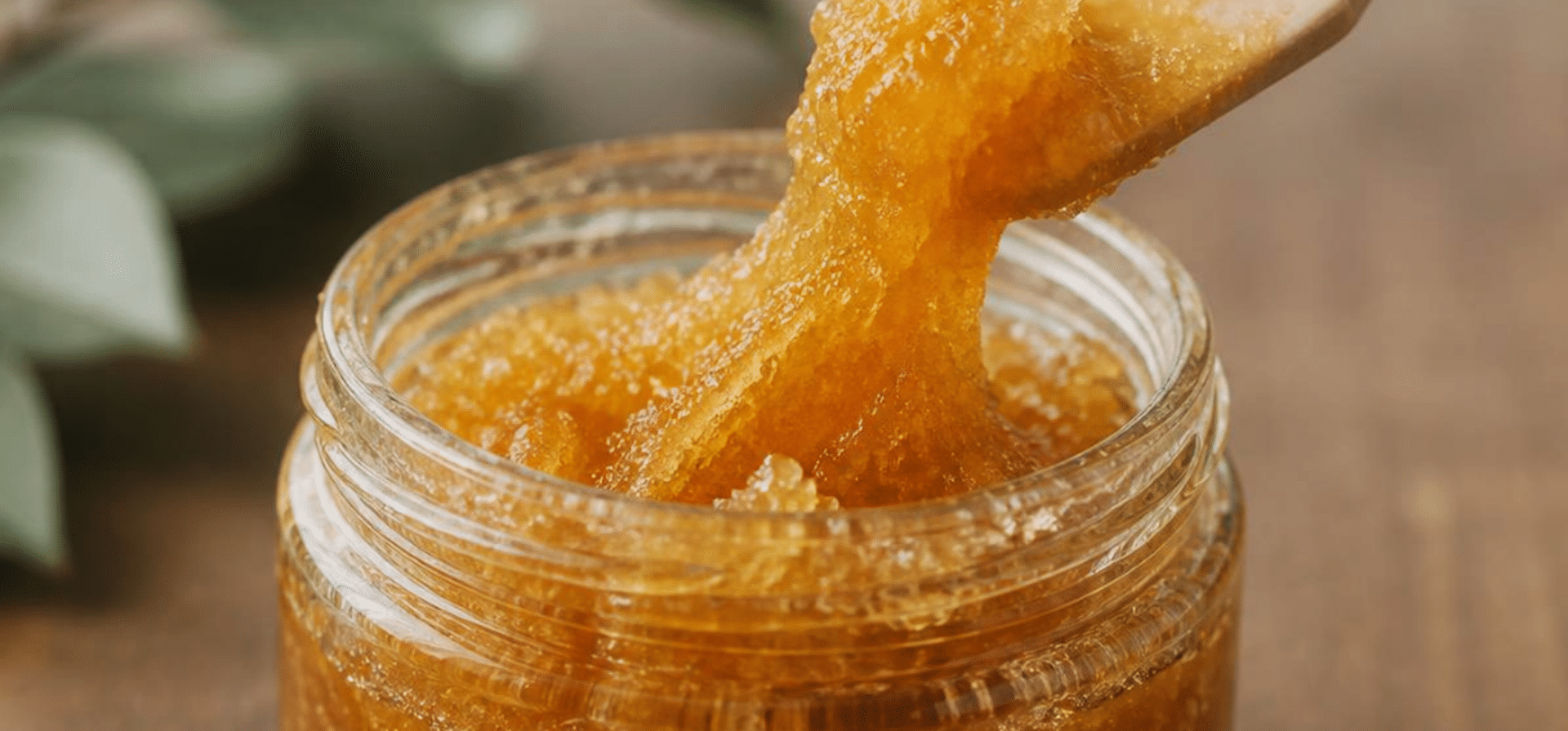 Close-up of golden cannabis rosin being lifted from a glass jar with a wooden tool.