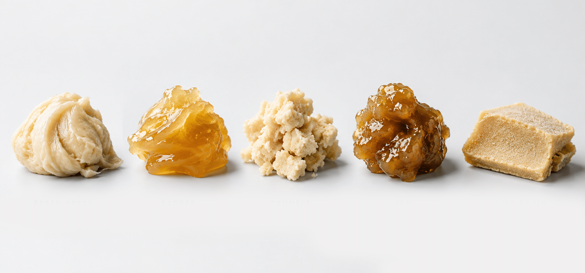 Five types of cannabis rosin displayed in different textures, including fresh press, batter, crumble, jam, and a solid rosin form.