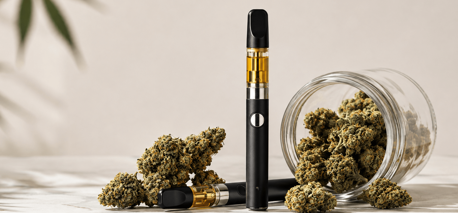 Cannabis flower buds beside two vape pens and a glass jar of cannabis buds - Scarlet Fire Cannabis Co.